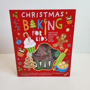 NEW Christmas Kids Baking Kit Recipe Book Cookie Cutters Rolling Pin